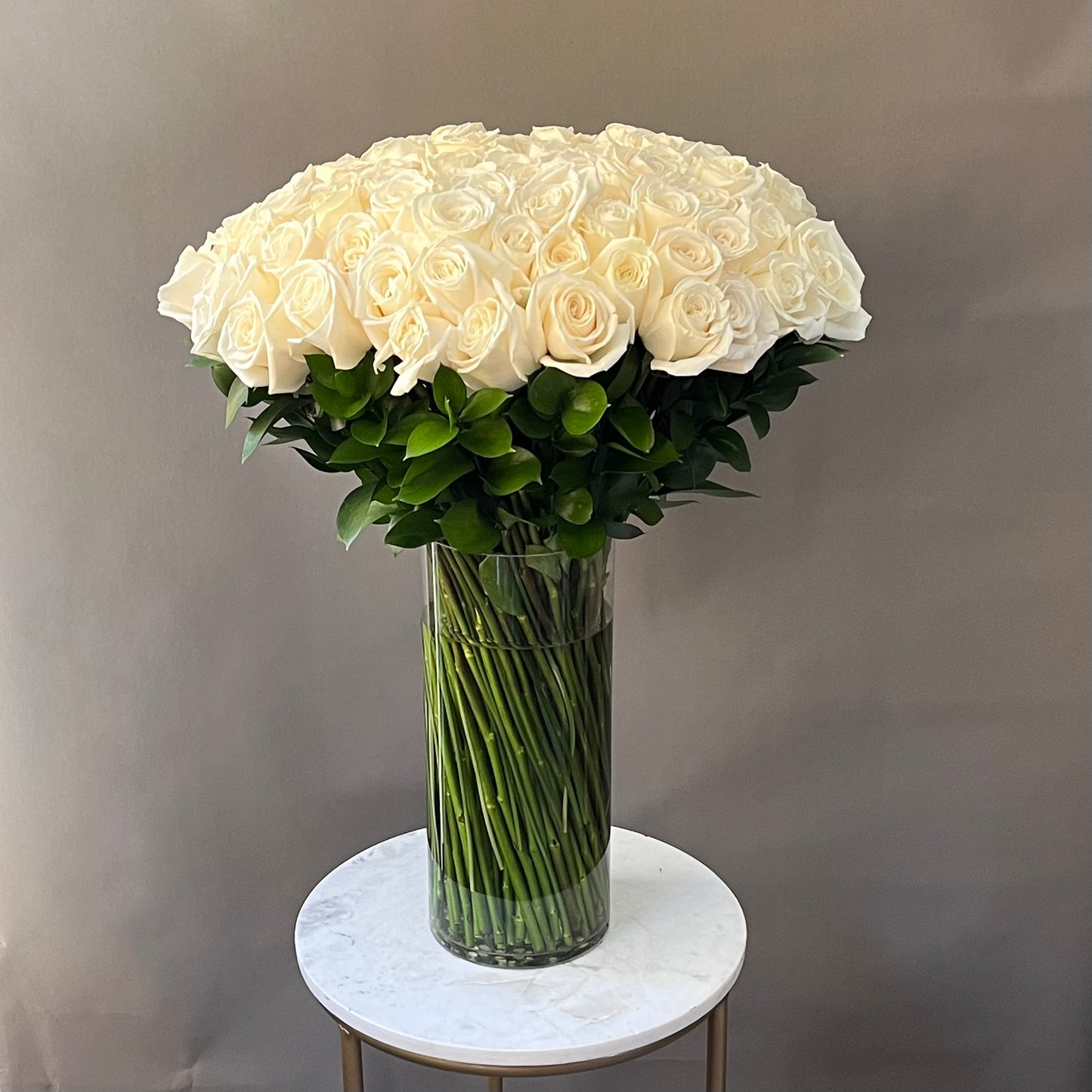 100 Premium White Roses in a Vase