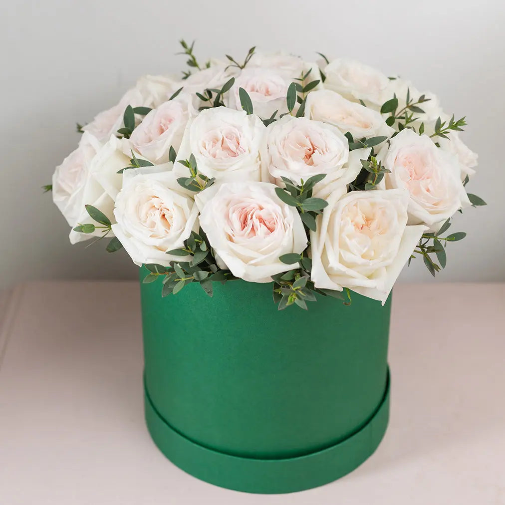 White Garden Roses Arrangement in a Flower Box BUDS&PETALS